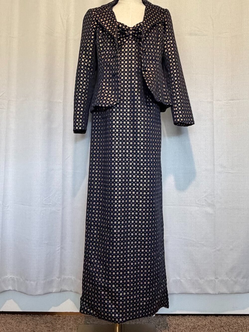 I. Magnin Vintage Navy Gold Brocade Maxi Dress Set Formal Wedding Guest M - Picture 3 of 12
